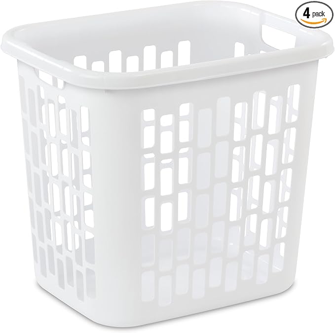 Sterilite Easy Carry Laundry Hamper, Ventilation Holes and Handles to Carry Clothes Between the Laundry Room and Bedroom, Plastic, White, 4-Pack by Sterilite