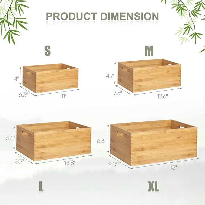 ANMINY Bamboo Storage Bins, Nesting 4PCS, Sturdy Mortise-Tenon Joint | Natural Bamboo Wood Boxes, Built-in Handles, Nestable for Space Saving, Sturdy Corner Joints, Decorative, for Pantry Shelf - Image 6