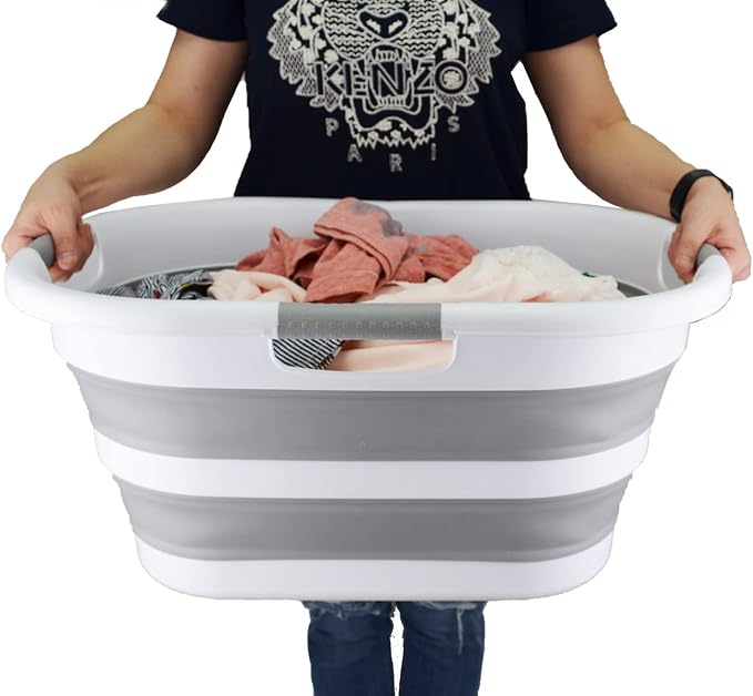 SAMMART 40L (10.5 gallon) Set of 2 Collapsible Plastic Laundry Hamper - Foldable Pop Up Storage Container/Organizer - Portable Washing Tub - Space Saving Basket (2, White/Grey) - Image 7