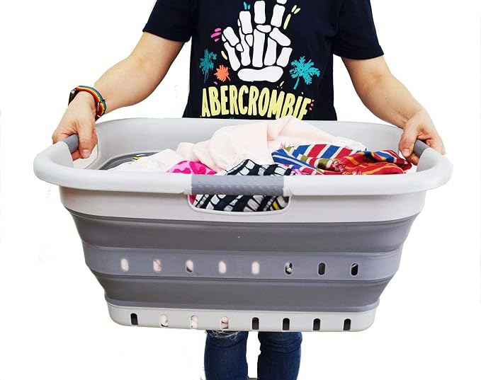 SAMMART 41L (10.8 gallon) Set of 2 Collapsible 3 Handled Plastic Laundry Basket-Foldable Pop Up Storage Container/Organizer-Space Saving Hamper/Basket (2, Grey/Dark Grey) - Image 7