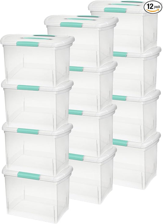 Sterilite Large Nesting ShowOffs Stackable Storage Bin, Latching Organizer Tote with Handle, Plastic Box for File Organization, Clear, 12-Pack by Sterilite