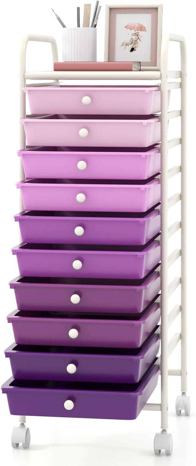 GOFLAME 10-Drawer Rolling Storage Drawer Cart, Utility Cart with Removable Drawers & Metal Frame, Mobile Art Craft Drawer Cart with Lockable Wheels for Home, Office, Studio, School, Purple Gradient by GOFLAME