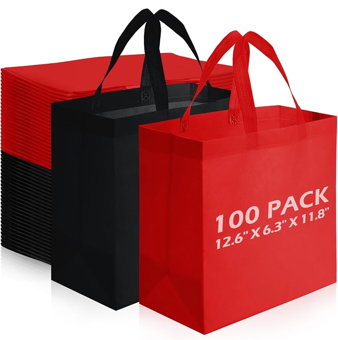 Reginary 100 PCS Non Woven Tote Bags Bulk,Red,Black | Reusable Shopping Bags with Handles, Stores, Groceries Markets, Events Gift, Party Supplies by Reginary
