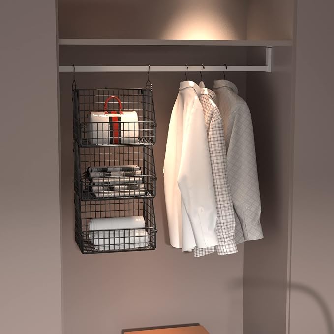 PUPPYCUTE Stackable Wire Storage Baskets for Kitchen Closet Pantry, Hanging Closet Organizers Storage Shelves Organization, Wall Mount Metal Basket Bins, Clothing Vegetable & Fruit Organizer 5 pcs - Image 2