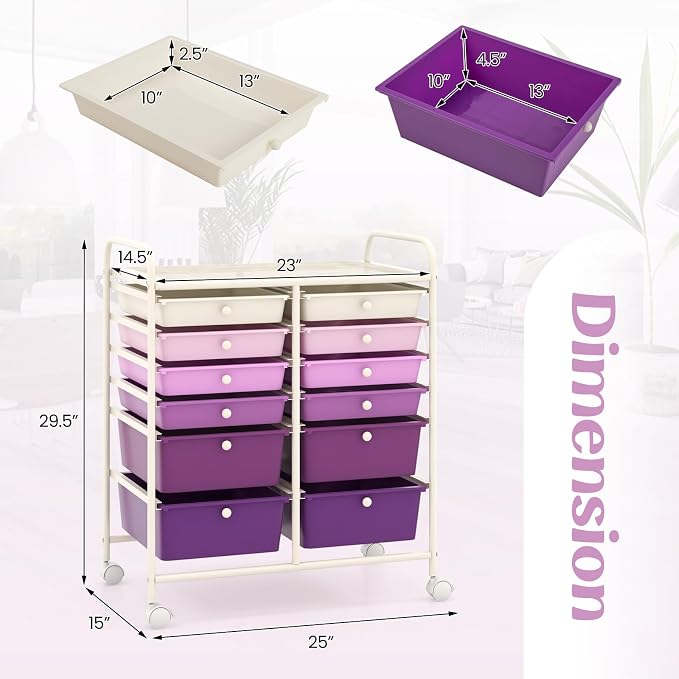 12 Drawer Rolling Storage Cart, Craft Cart Organizer on Wheels with Metal Frame, Large Capacity & Smooth Drawers for Living Room, Classroom, Office (Gradient Purple) - Image 3