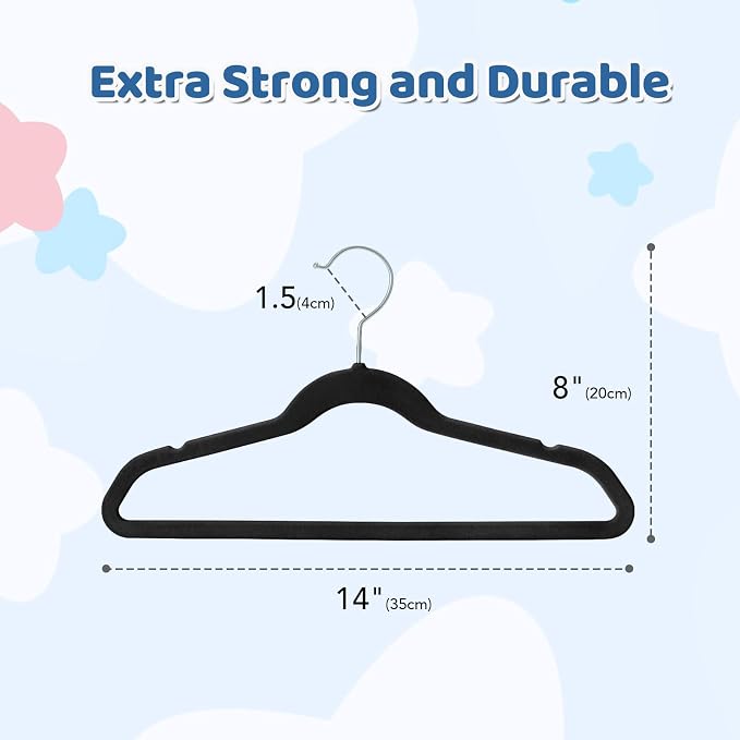 Premium 14 Inch Kids Hangers 50 Pack, Baby Velvet Hanger Non Slip | Black Space Saving Felt Hangers Clothes Organizers for Closet with 360° Swivel Hook for Children, Toddler & Teens - Image 7