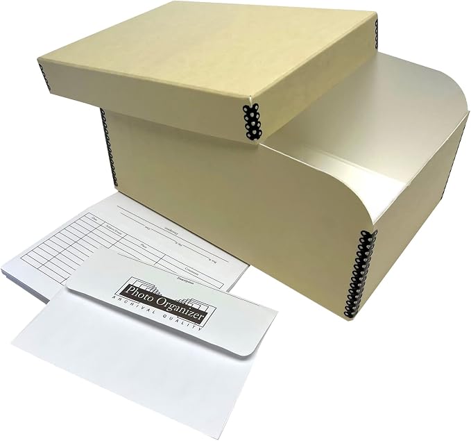 Lineco 4x6 Photo Storage Box, with 12 Acid-Free Envelopes, 5.5x7.5x11, Tan | Holds Up to 1000 3.5" x 5", or 4" x 6" Pictures, Metal Edge, Archival Organizer for Cards, Prints, Stickers, Stamps, Seeds by Lineco