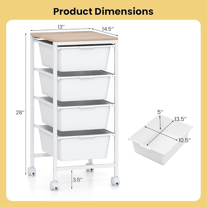 Rolling Storage Cart with 4 Drawers, Plastic Craft Organizer on Wheels with Wooden Top, Mobile Art Supply Utility Cart for Classroom, Home, Office - Image 3