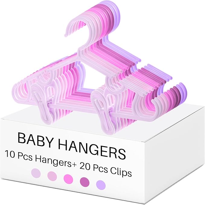 Hsei Baby Hanger with Clip for Pant,30 Packs Total,Pink Series,10.6 Inch | 10 Kids Plastic Hanger with 20 Clips for Newborn, Nursery, Daycare, Preschool, Closet, Wardrobe Organizer for Baby Shower by Hsei
