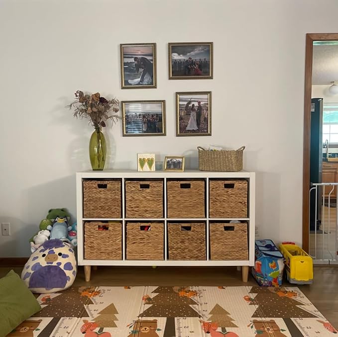 3Pcs Woven Shelf Baskets, 10.5'' Water Hyacinth Handmade Open Storage Bins, Light Brown Pantry Baskets Organization Basket Foldable Storage Bins for Bedroom, Cubby Cubes Wicker Basket with Handles - Image 5