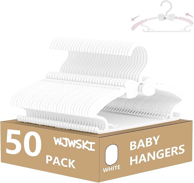 Baby Hangers 50 Pack, 11-14.5" Adjustable Kid Hangers for Newborn Closet, Plastic Non-Slip Small Infant Hanger for Toddler Pant, Child Coat Hanger for Boy Nursery Clothing, Girl Dresses, White by WJWSKI