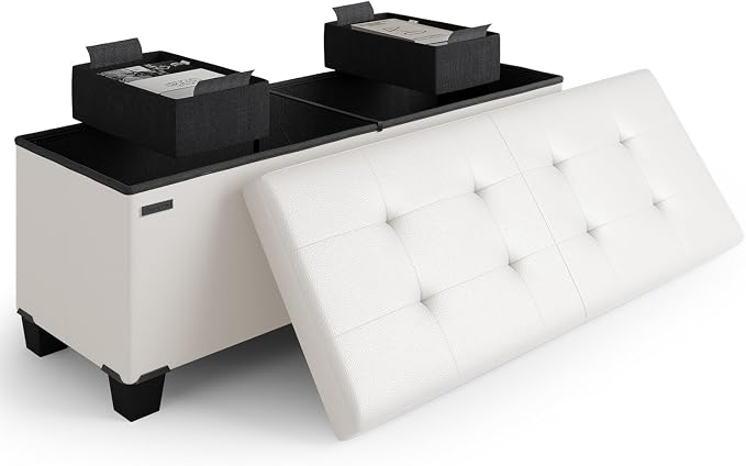 Storage Ottoman Bench with Bins, 43-in Storage Bench for Bedroom End of Bed, Folding Foot Rest Ottoman for Living Room Max 660lbs, Faux Leather Ottomans, Cream by STORAGEBUD