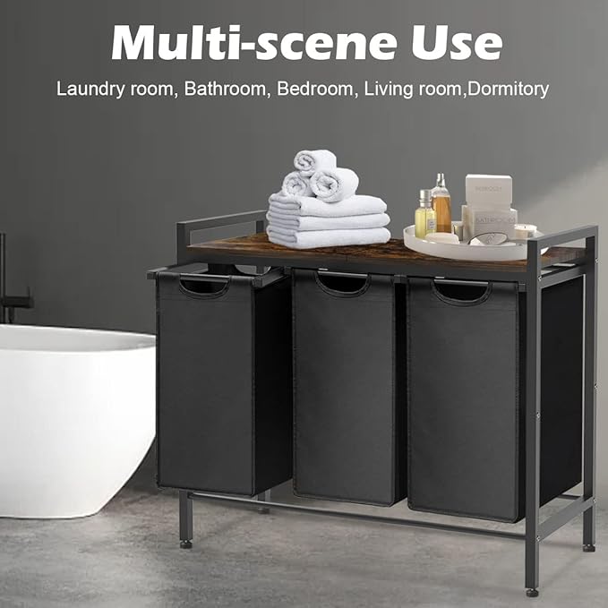 Large Laundry Hamper Sorter with 3 Removable & Pull-Out Sorting Bags, Wooden Top Shelf, Versatile Laundry Basket Organizer for Laundry Room, Bathroom, Dorm, 8 * 3 Gal, Black - Image 6