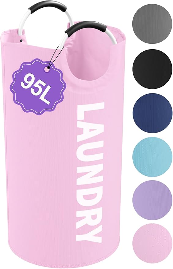 95L Large Laundry Basket with Handles, Foldable Clothes Hampers Stand Up Well, Waterproof Dirty Clothes Hamper, Rugged Laundry Basket for Flat, Dorm, Hotel, Pink by IHOMAGIC
