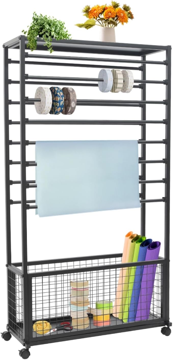 Ribbon Holder Ribbon Organizer Rack, 16-Layer Double-Sided Wrapping Paper Rack, Large Capacity Ion Rolling Ribbon Storage Rack with Top Shelf and Bottom Basket for Flower Shop, Craft Room, H: 60Inch by Unknown