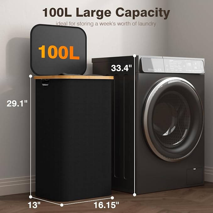 Laundry Hamper with Lid, Laundry Basket with Removable Bag, Black | 100L Large Dirty Clothes Hamper with Handle, Freestanding Bamboo Laundry Hamper for Bedroom, Bathroom, Laundry Room - Image 2