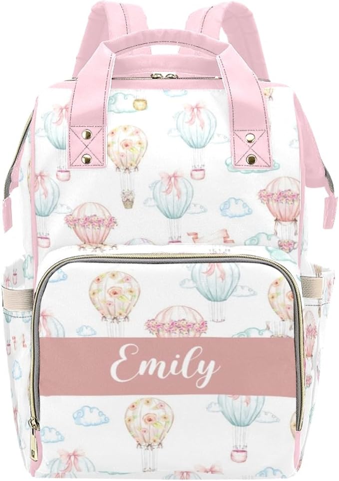 Custom Diaper Bag with Name Personalized Hot Air Balloons Nylon Travel Backpack for Holiday Travel Customized Nappy Changing Bag with Pockets for New Mom by Noverbibi
