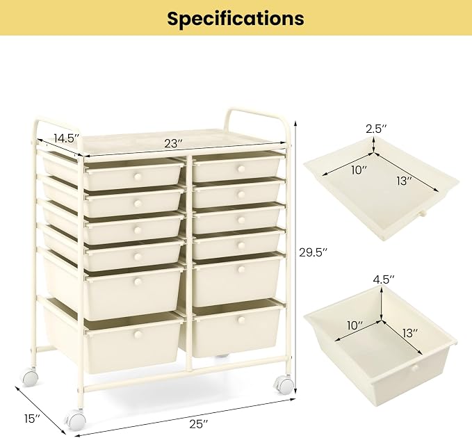 Giantex 12 Drawers Rolling Storage Cart, Classroom Organizers with Wheels for Tools Scrapbook Craft Paper Teacher Office School Supplies (Ivory) - Image 3