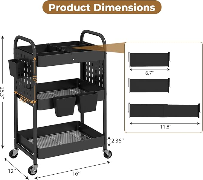 danpinera Craft Cart, Black Rolling Cart with Retractable Dividers & DIY Pegboards for Kitchen, Bedroom, Laundry - Image 2