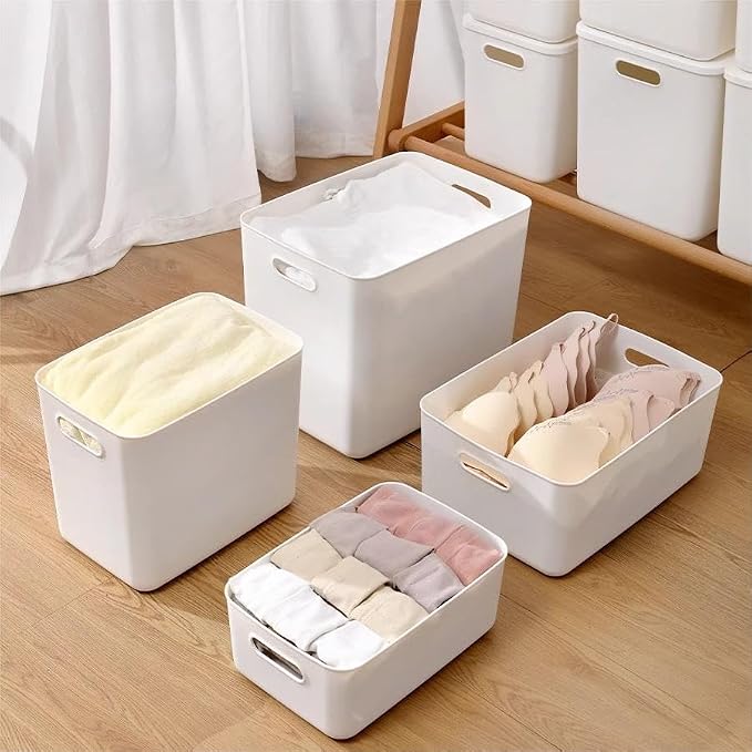 6 pack large plastic Laundry Basket/Hamper with lids and handle，White storage bins Baskets，Organizer Containers for Closet Dorm，Clothes Laundry Room Bedroom, Shelves，home (White, 6S) - Image 5