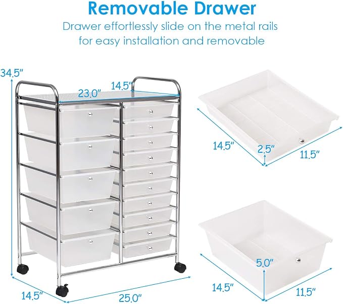 RELAX4LIFE 15-Drawer Rolling Storage Drawer Cart Organizer | 34.5"H Chrome Frame, Semi-Transparent Clear Drawers Rolling Wheels; School Office Home Salon Multipurpose Utility Storage - Image 3