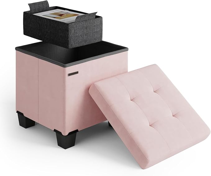 Storage Ottoman Cube with Small Bin, 15-in Square Ottoman with Storage for Living Room and Bedroom, Small Ottomans Foot Rest, Velvet Foot Stools Ottomans Max 330lbs, Pink by STORAGEBUD