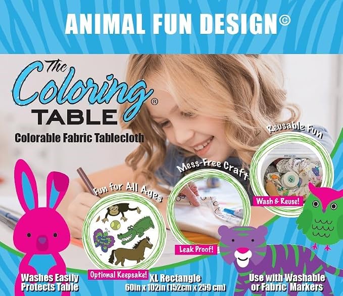 Animal Fun Design – XL Rectangle Tablecloth 60”X102” – Interactive Coloring Tablecloth for Kids - Poly/Cotton Fabric – Washable and Reusable – DIY Activity for Children and Adults - Image 2