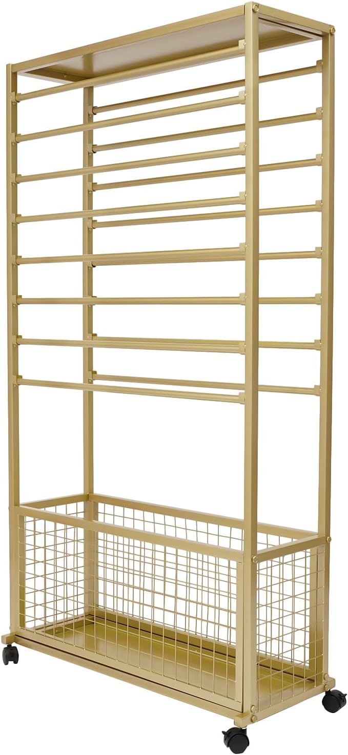 Ribbon Holder Organizer Rack, Double-Sided 16-Layer Ribbon Shelf with Wheel | Ribbon Display Rack, Multifunctional Metal Flower Wrapping Paper Storage Stand for Craft Room Flower Shop, Widen, Gold - Image 4