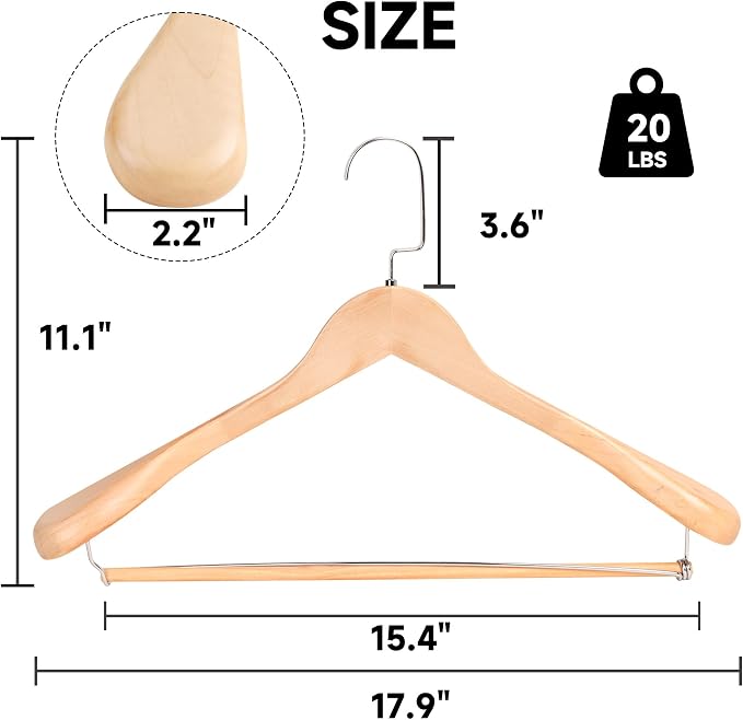 Wide Shoulder Wooden Hangers with Locking Bar, Natural Wood, 6-Pack | Non-Slip Suit Hangers with Flat-Head Hook for Suits, Jackets, Coats, Shirts, Outerwear and Heavy Clothes - Image 2