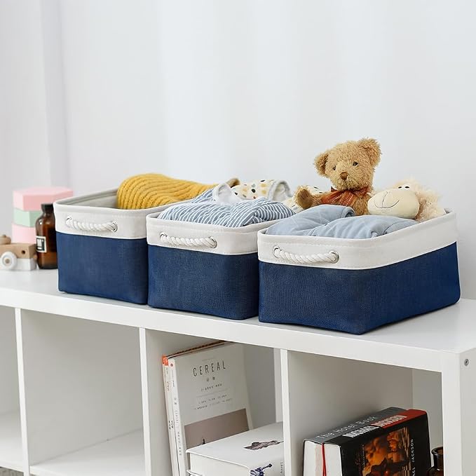 Storage Bins for Shelves - 1 Pack 13.8x9.7x6.7 inch Collapsible Storage Basket for Organizing, Dog Toy Bin for Closet Organizer laundry Cloth Nursery (White & Jean Blue) - Image 2