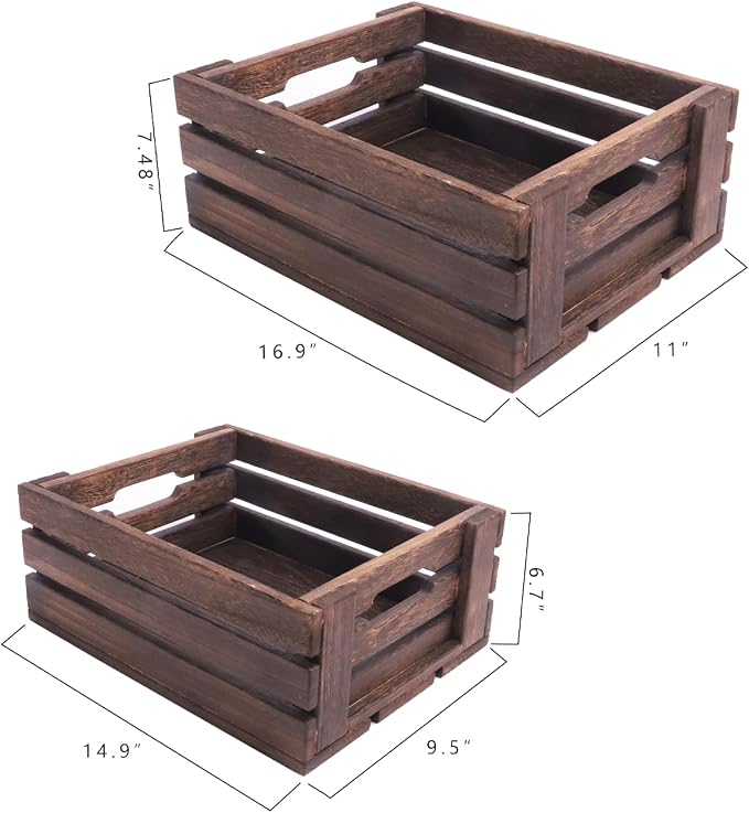 Rustic Vintage Finished 2 Packs Wooden Crate with Handles - Nesting Storage Display Organization Crate for Party Office Bedroom Kitchen and Closet - Image 2