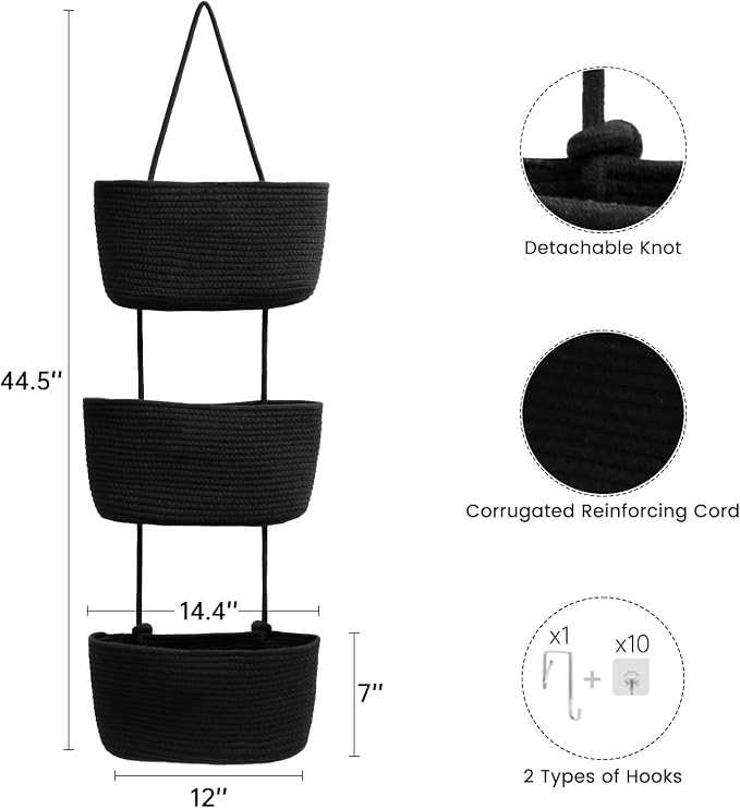 TeoKJ Over the Door Hanging Basket, 3-Tier Woven Cotton Wall-Mounted Storage Organizer Bag Decorative Hanging Nursery Baskets, Black - Image 5