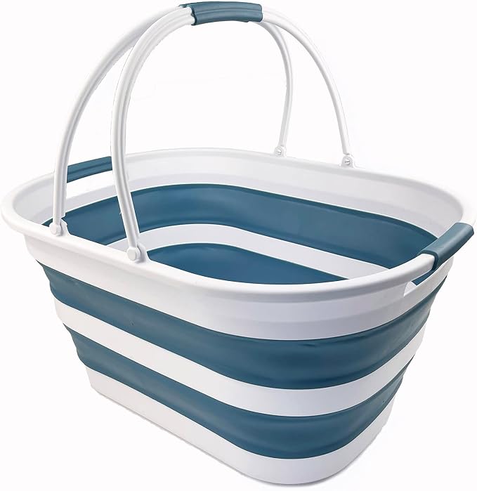 SAMMART 38L (10 Gallons) Collapsible Plastic Laundry Basket - Foldable Storage Container/Organizer - Portable Washing Tub - Space Saving Laundry Hamper (White/Adriatic Blue) by SAMMART
