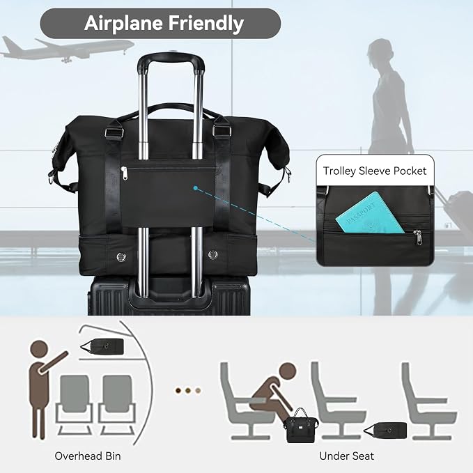 Voova Weekender Duffle Bag Set with Shoe Compartment, 4 Piece, Black | Carry-on travel set includes weekender, shoe bag, toiletry bag and makeup pouch for organized overnight trips - Image 5
