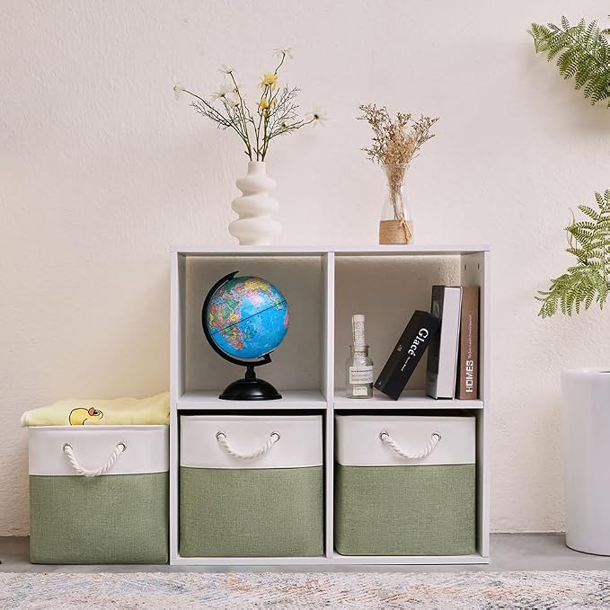Fabric Storage Cubes 13 x 13, Collapsible Storage Bins for Shelf Baskets, Cube Storage Organizer White Green Bins with Cotton Handles, Foldable Storage Bin box, Cube Storage Bin 6 Pack - Image 5