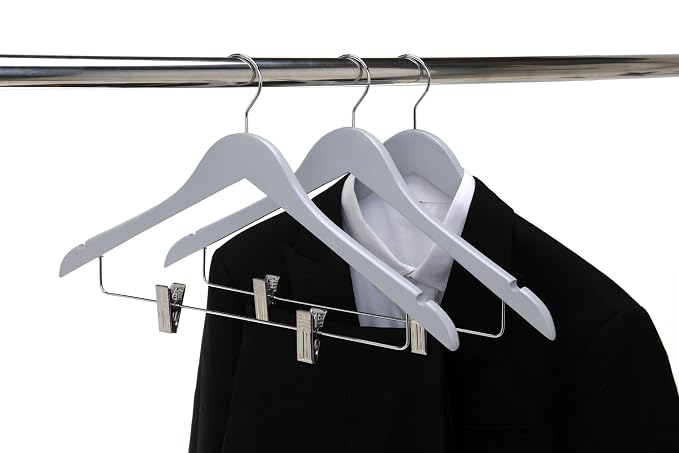 Quality Wooden Skirt Hangers with Clips, 20-Pack Smooth Solid Wood Pants Hangers with Durable Adjustable Metal Clips, Swivel Hook, Coat, Jacket, Blouse Suit Hangers (Gray, 20) - Image 4