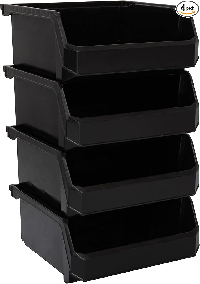 Medium-Wide Stackable Plastic Storage Bins, 4-Pack, Black | Open-Front Stackable Bins For Garage, Pantry, Closet & Office, 11"L X 11"W X 5"H, Nests When Empty, Durable Plastic by Akro-Mils