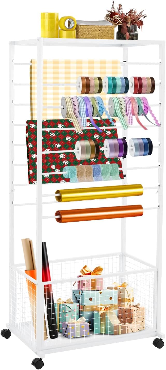 Ribbon Holder Organizer Rack, 16-Layer Double-Sided Wrapping Paper Rack, Expandable Large Iron Rolling Ribbon Storage Rack with Top Shelf and Bottom Basket for Flower Shop, Craft Room, H: 59Inch by Unknown