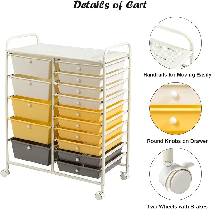 15 Drawer Rolling Storage Cart, Rolling Cart with Drawers for Classroom, Art Supply Craft Organizer on Wheel with Metal Frame & Handles for Home Office School - Image 5