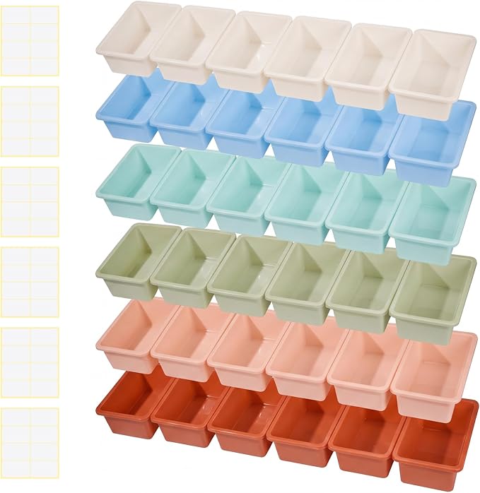 Outus 36 Pack Book Bins for Classroom Library Bulk Plastic Cubby Storage Bins Small Toy Organizer Containers with Self Adhesive Label for Kids Students Teachers School Office Home(Morandi Color) - Image 4