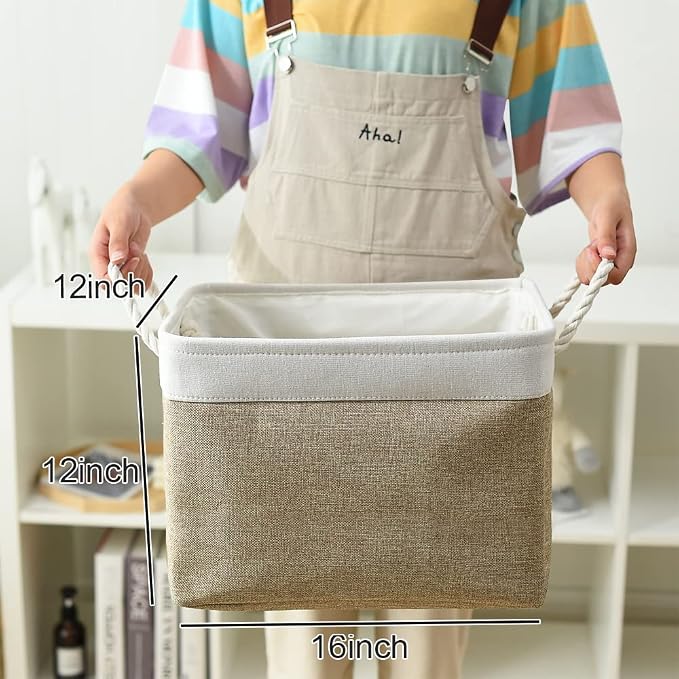 Organization and Storage Basket for Gifts Empty - 16x12x12 inch Cube Storage bin 3 Pack Fabric Storage Cubes, Collapsible Baskets for Organizer Closet Cloth Gift Toy (White & Khaki) - Image 5