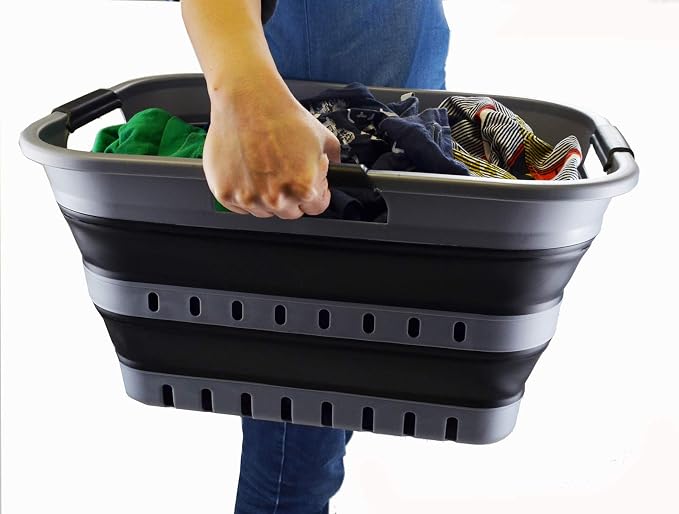 SAMMART Set of 2-30L (8 gallon) Collapsible Plastic Laundry Basket - Foldable Pop Up Storage Container/Organizer - Space Saving Hamper/Basket (2, Grey/Black) - Image 7