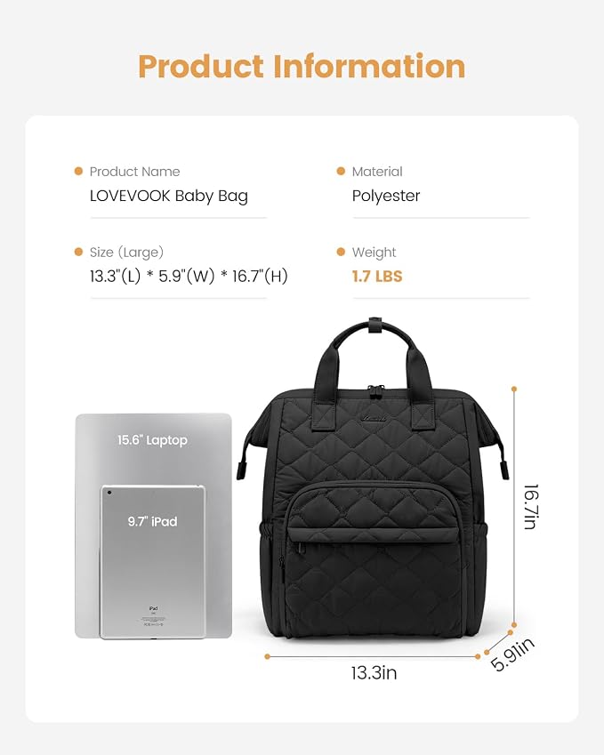LOVEVOOK Diaper Bag Backpack, Large Baby Bag for Girl Boy with Changing Pad, Diaper Backpack for Mom Dad with Stroller Buckles, Black - Image 9