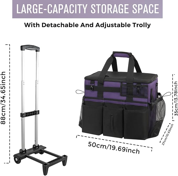 SCAVATA Rolling Cleaning Caddy Bag with Detachable Trolley, Large Cleaning Supplies Organizer with Wheels, Multi Pocket Cleaning Cart with Adjustable Shoulder Strap for Housekeeper & Home, GrapePurple - Image 5