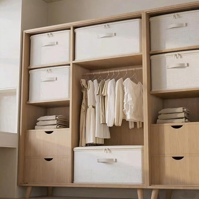 [3 Pack] Beige Cotton Linen Collapsible Storage Bins for Home Organization, Waterproof Fabric Foldable Organizer Boxes, 19.29 x 14.57 x 12.2 Inches, Zippered Flap & Handle (Extra Large) - Image 8