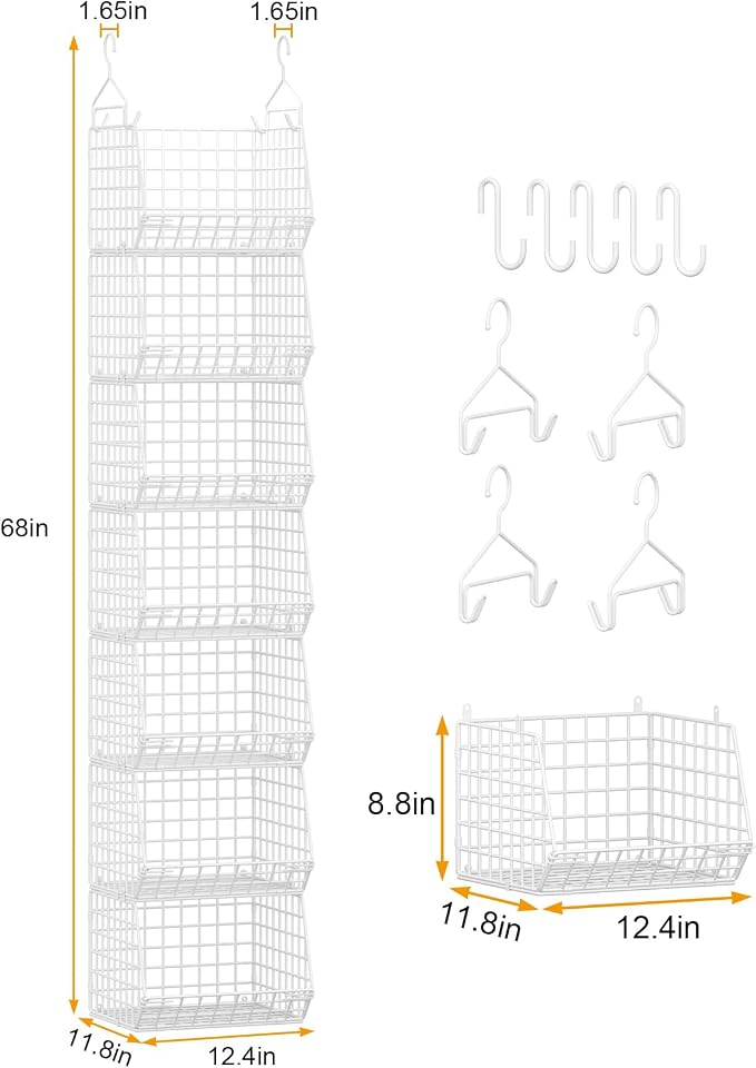7 Tier Hanging Closet Organizer and Storage, Foldable Wire Closet Shelving with 4 Large Hooks+5 S Hooks,Hanging Basket for Clothes Sweaters Shoes Handbags,Wardrobe Kitchen Laundry Room-White - Image 3