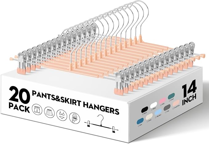 14 Inch Pants Hangers with Clips 20 Pack Skirt Hangers,Coral Pink | Non-Slip,Adjustable metal wide clips,Space-Saving,Heavy duty, for pants/skirt/dress/trousers/jeans/shorts/leggings,Women - Image 2