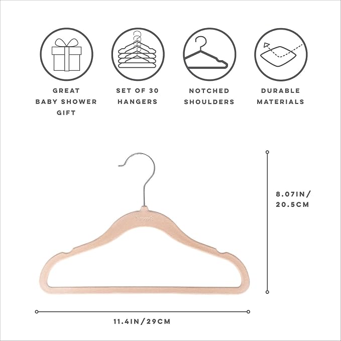 3 Sprouts Velvet Baby Hangers, Non Slip Slim, Hazelnut, 30 Pack | Non-slip velvet, Notched shoulders, 360-degree swivel hook, 11.75 x 8 in, Infant and toddler clothes, Soft colors for nursery - Image 2