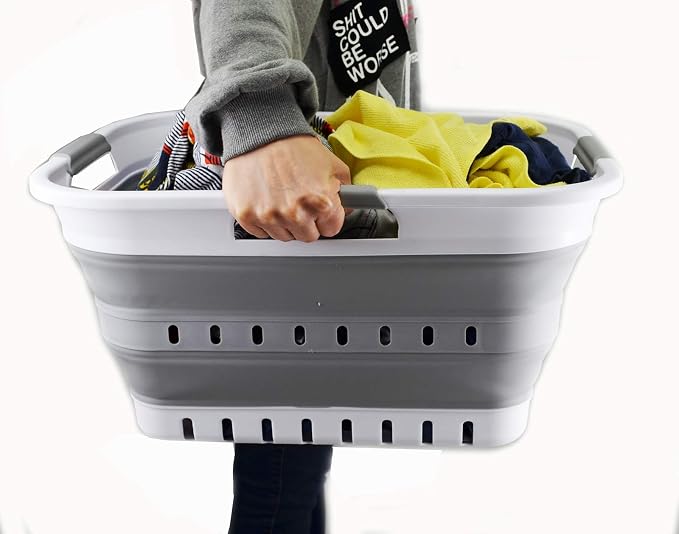 SAMMART Set of 2-30L (8 gallon) Collapsible Plastic Laundry Basket - Foldable Pop Up Storage Container/Organizer - Space Saving Hamper/Basket (2, White/Grey) - Image 7