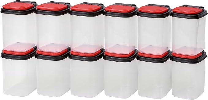 Buddeez Stackable Hardware Storage Bins, 1 Quart, 12-Pack, Red Lids | Clear bins for easy visibility, Stackable lids, Organizes nuts, bolts, screws and small parts, Workshop or garage storage by Buddeez